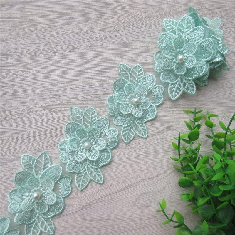 SHBBON 2 Yards 3D Flower Lace Trim Pearl Embroidered Polyester Lace Ribbon Fabric Applique Patchwork for Wedding Dress Handmade DIY Sewing Craft Supplies Decoration (Green) - Image 5